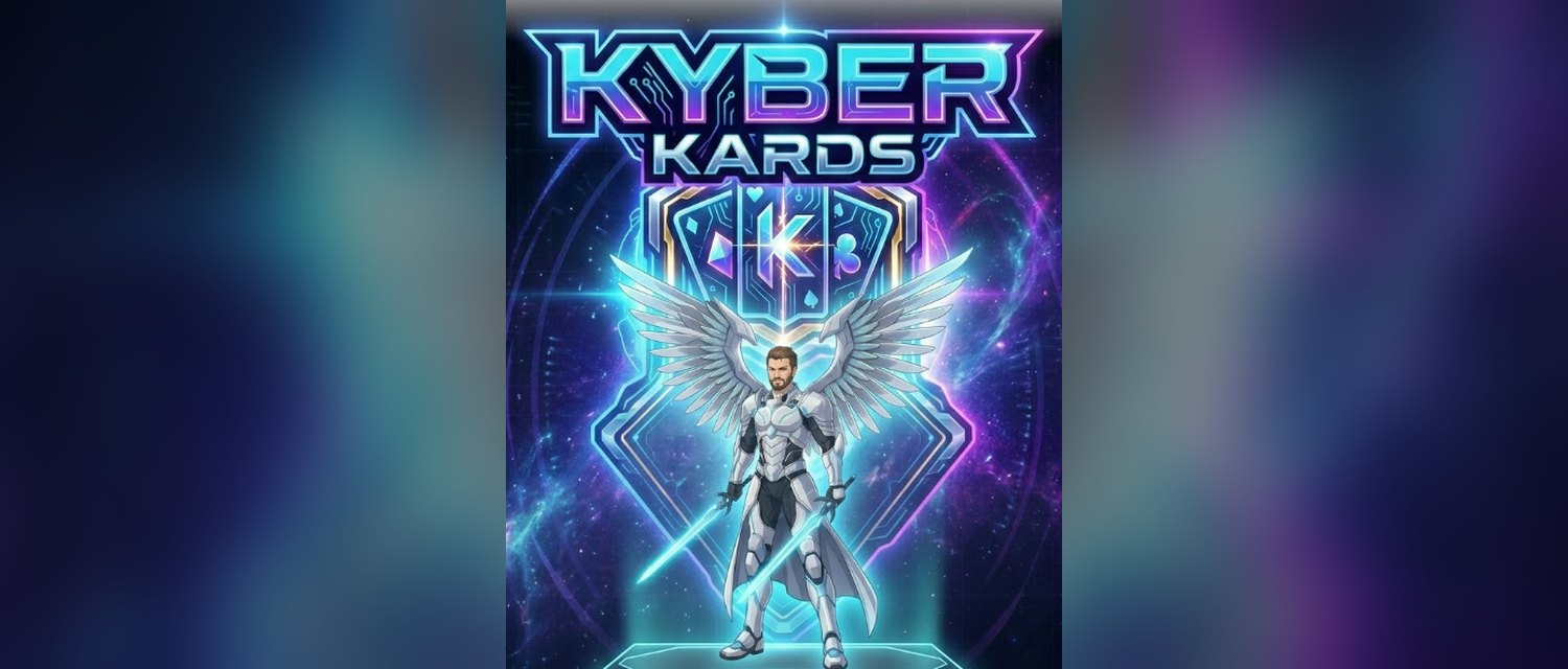 Kyber Kards key art: neon Kyber Kards title above a winged armoured hero