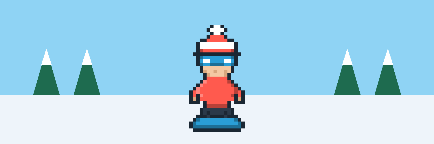 Pixel-art snowboarder in a red toque on a snowy slope between pine trees