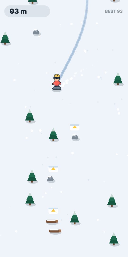 Gameplay: the rider carves between pine trees and rocks, 93 metres in